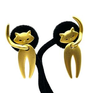 Cat-Shaped Earrings Articulated Matte Gold Tone Pierced Fun 2 Inches Oversized